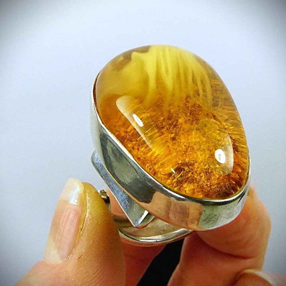 Huge Baltic Amber Adjustable Ring - 925 Sterling Silver - Unisex Gift